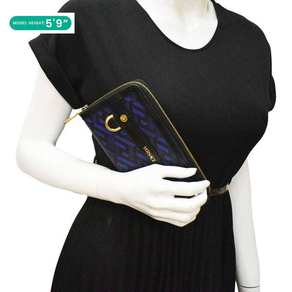 VERSACE La Greca Coated Canvas Long Zip Wallet Blue