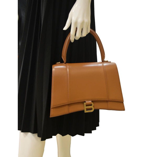 BALENCIAGA Medium Hourglass Leather Top Handle Shoulder Bag Tan