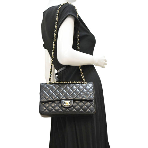 CHANEL Classic Medium Double Flap Quilted Leather Shoulder Bag Black