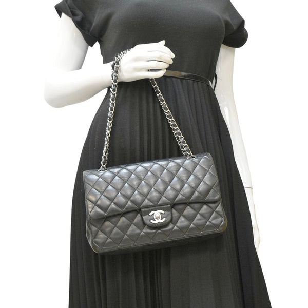 CHANEL Classic Medium Double Flap Quilted Leather Shoulder Bag Black