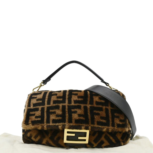 FENDI Baguette Medium FF Shearling Sheepskin Shoulder Bag Brown