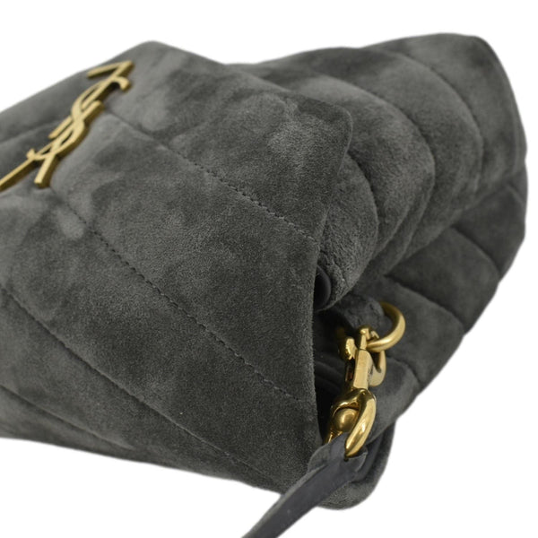 YVES SAINT LAURENT Toy Loulou Crossbody Bag Gray Suede with left land scape view