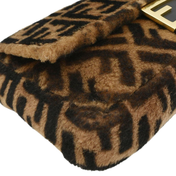 FENDI Baguette Medium FF Shearling Sheepskin Shoulder Bag Brown