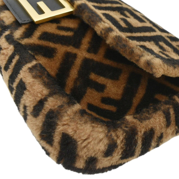 FENDI Baguette Medium FF Shearling Sheepskin Shoulder Bag Brown