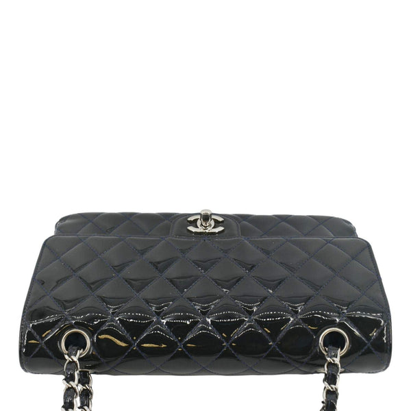 CHANEL Medium Double Flap Quilted Patent Leather Shoulder Bag Olive