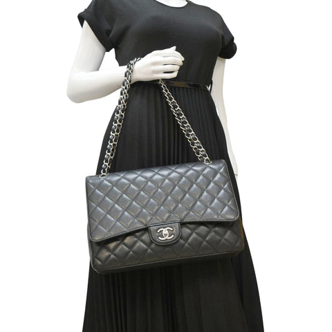 CHANEL Classic Maxi Single Flap Caviar Leather Shoulder Bag Black