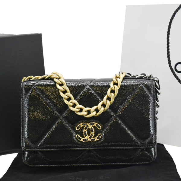 CHANEL 19 CC WOC Quilted Shiny Leather Wallet On Chain Crossbody Bag Black