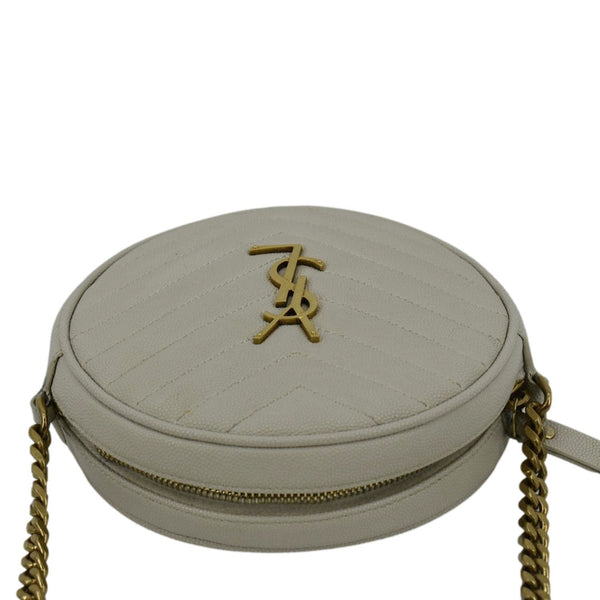 YVES SAINT LAURENT Vinyle Round Chevron Leather Camera Crossbody Bag Grey