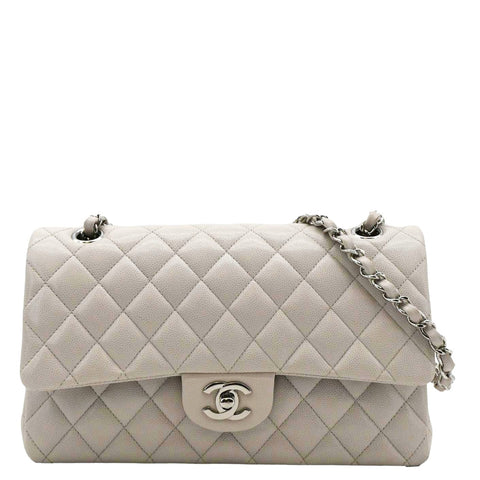 CHANEL Classic Double Flap Medium Quilted Caviar Leather Shoulder Bag White