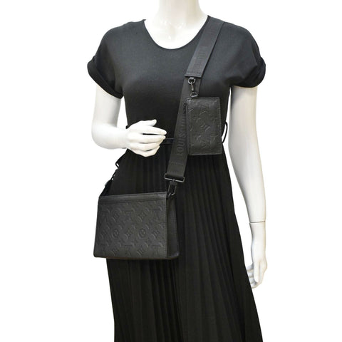 LOUIS VUITTON Gaston Wearable Monogram Shadow Leather Wallet Crossbody Bag Black