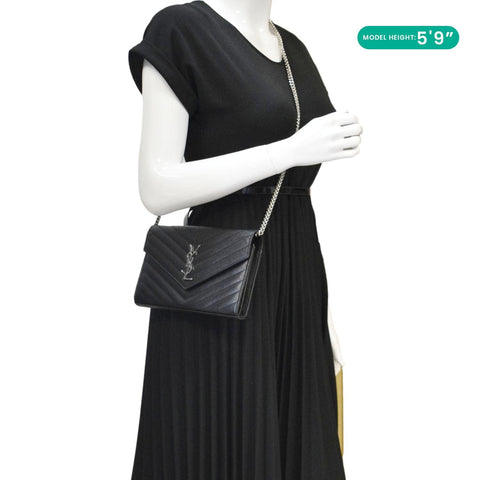 YVES SAINT LAURENT Envelope Chevron Leather Chain Wallet Crossbody Bag Black