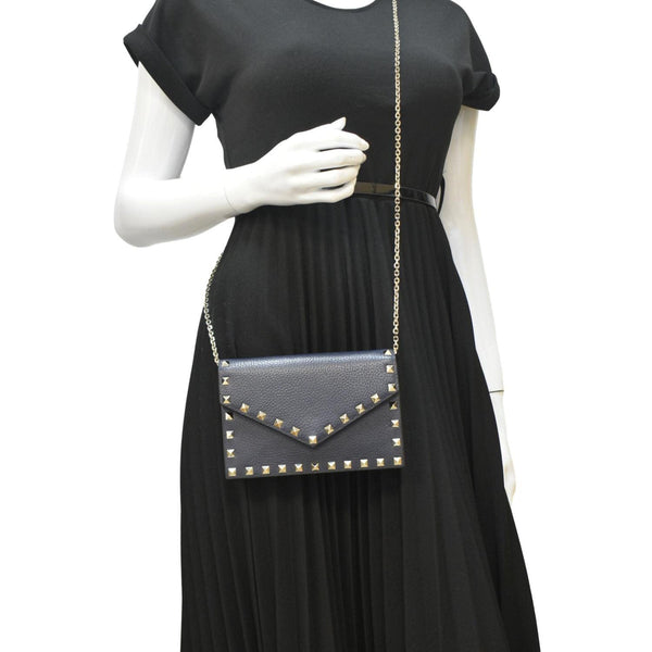 VALENTINO Rockstud Leather Wallet On Chain Crossbody Bag Navy Blue