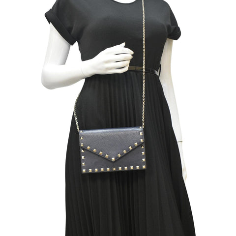 VALENTINO Rockstud Leather Wallet On Chain Crossbody Bag Navy Blue