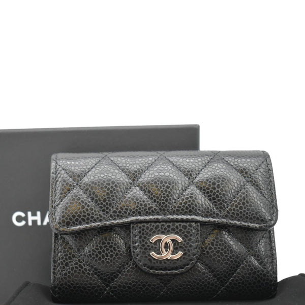 CHANEL Black Quilted Caviar Leather hand bag front end view