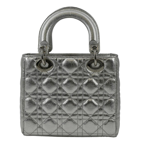 CHRISTIAN DIOR Lady Dior Lambskin Leather Shoulder Bag Metallic Silver