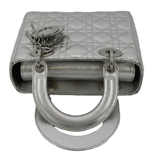CHRISTIAN DIOR Lady Dior Lambskin Leather Shoulder Bag Metallic Silver