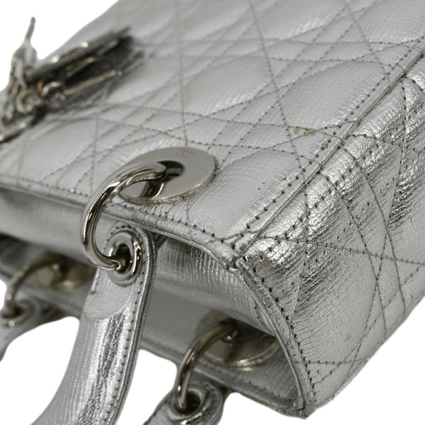 CHRISTIAN DIOR Lady Dior Lambskin Leather Shoulder Bag Metallic Silver