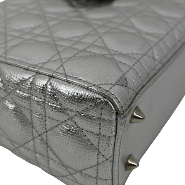 CHRISTIAN DIOR Lady Dior Lambskin Leather Shoulder Bag Metallic Silver