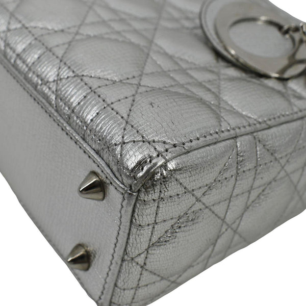 CHRISTIAN DIOR Lady Dior Lambskin Leather Shoulder Bag Metallic Silver