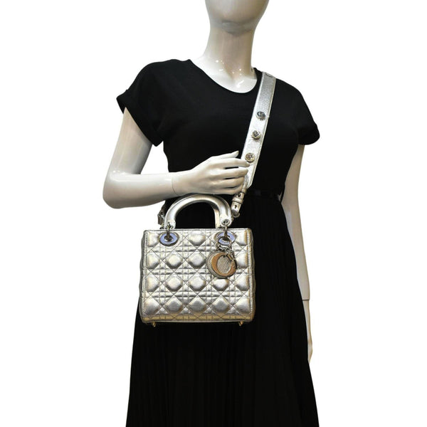 CHRISTIAN DIOR Lady Dior Lambskin Leather Shoulder Bag Metallic Silver