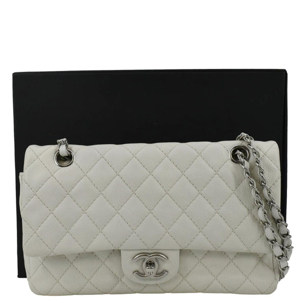 CHANEL Classic Double Flap Quilted Caviar Leather Shoulder Bag White
