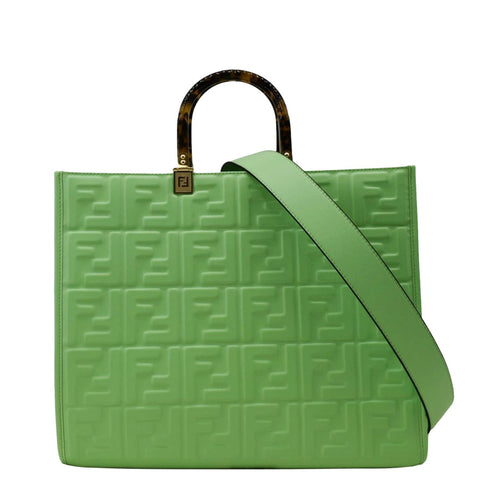 FENDI Sunshine Medium Embossed Leather Shopper Tote Bag Green
