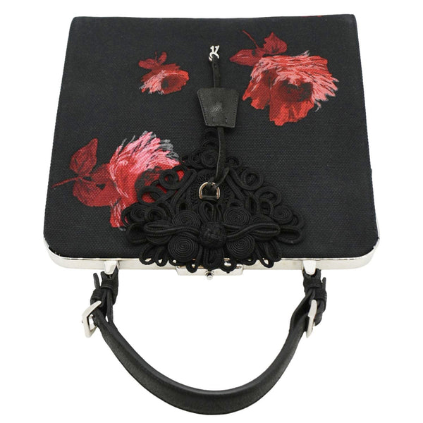 PRADA Canapa Floral Frame Canvas Top Handle Tote Bag Bag Black
