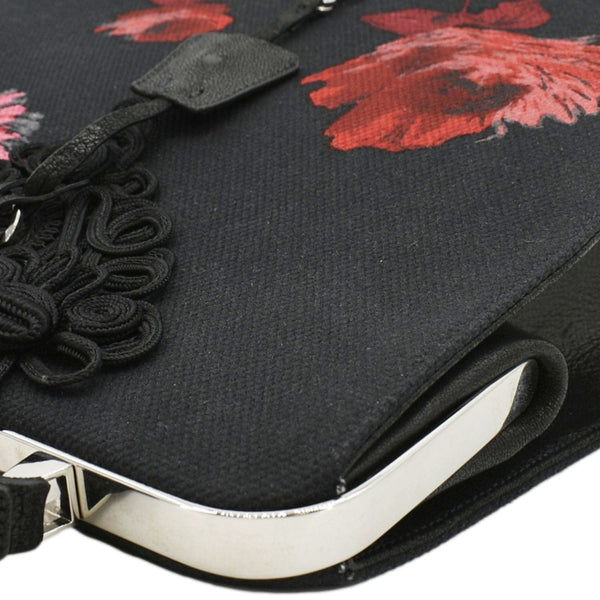 PRADA Canapa Floral Frame Canvas Top Handle Tote Bag Bag Black