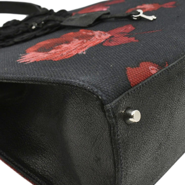PRADA Canapa Floral Frame Canvas Top Handle Tote Bag Bag Black