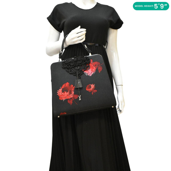 PRADA Canapa Floral Frame Canvas Top Handle Tote Bag Bag Black