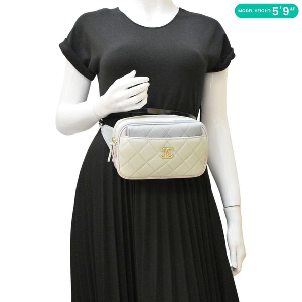 CHANEL CC Double Zip Quilted Leather Tri-Color Belt Bag Pink