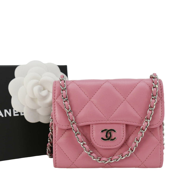 Chanel Classic Mini Flap Quilted Lambskin Leather Card Holder On Chain Pink
