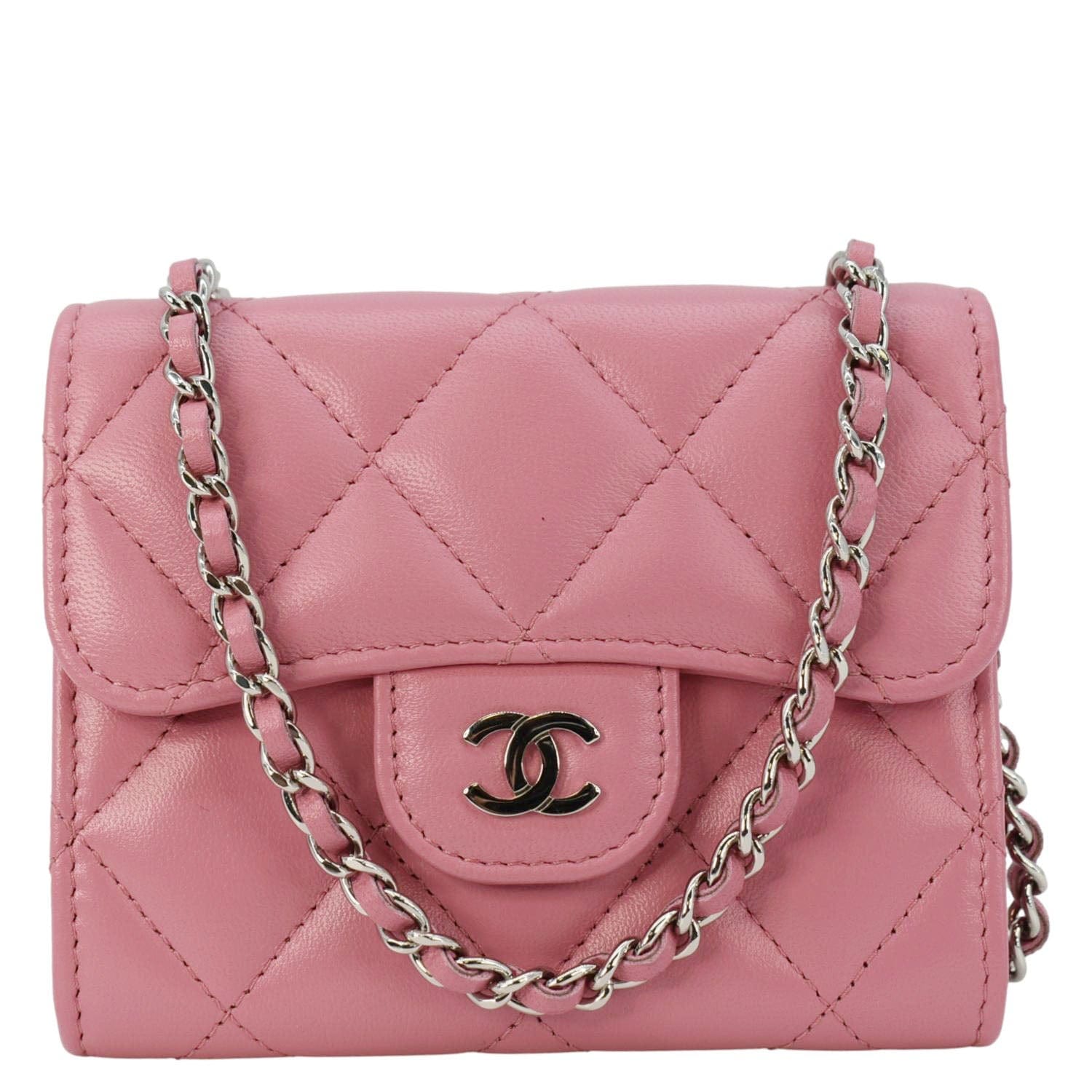 Chanel Classic Mini Flap Quilted Lambskin Leather Card Holder On Chain Pink