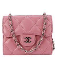 Chanel Classic Mini Flap Quilted Lambskin Leather Card Holder On Chain Pink