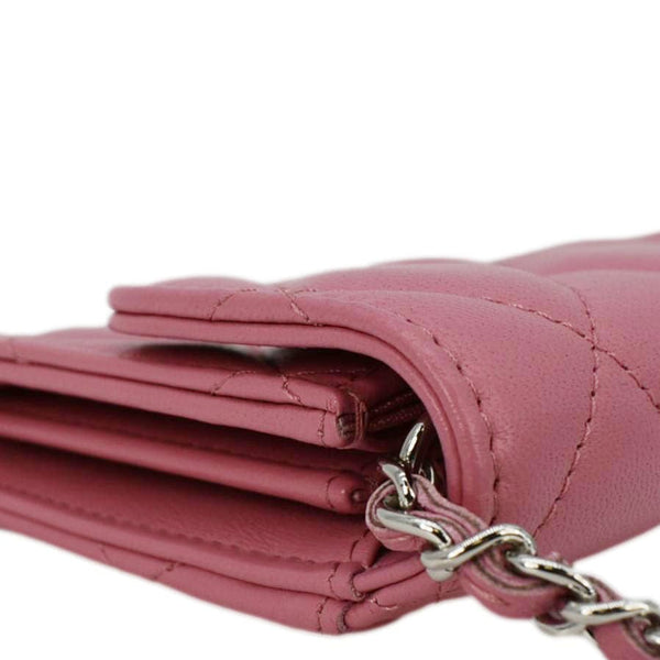 Chanel Classic Mini Flap Quilted Lambskin Leather Card Holder On Chain Pink