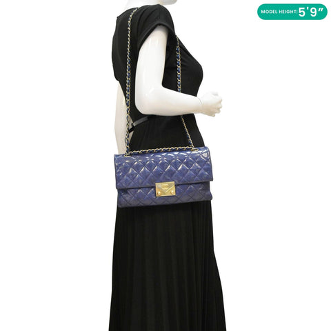 Chanel Envelope Lock 3 Small Quilted Patent Leather Shoulder Bag Blue