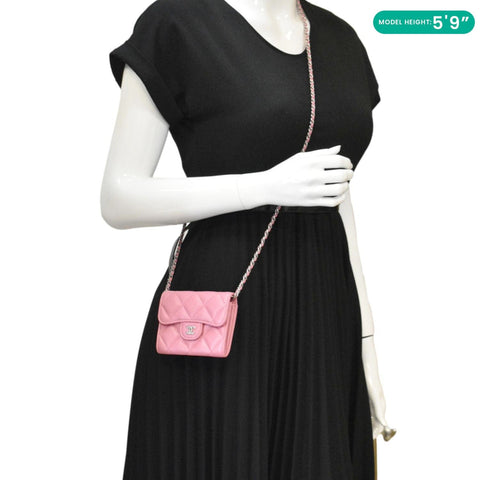 Chanel Classic Mini Flap Quilted Lambskin Leather Card Holder On Chain Pink