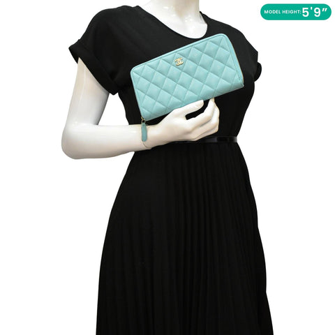 CHANEL Zip Around Quilted Caviar Leather Wallet Turquoise