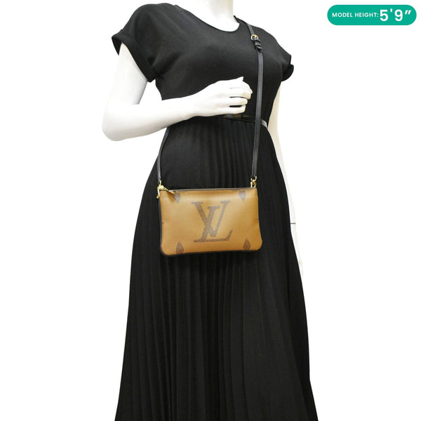 LOUIS VUITTON Double Zip Pochette Giant Monogram Reverse Canvas Crossbody Bag Brown