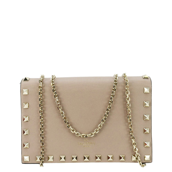 VALENTINO Rockstud Envelope Leather Chain Crossbody Bag Taupe