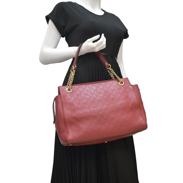 GUCCI Large Soft Signature Leather Chain Shoulder Tote Bag Red 453771