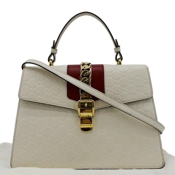 GUCCI Sylvie Medium GG Signature Leather Top Handle Shoulder Bag Off White 431665