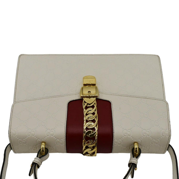GUCCI Sylvie Medium GG Signature Leather Top Handle Shoulder Bag Off White 431665