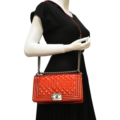 CHANEL Medium Boy Flap Metallic Patent Leather Shoulder Bag Red