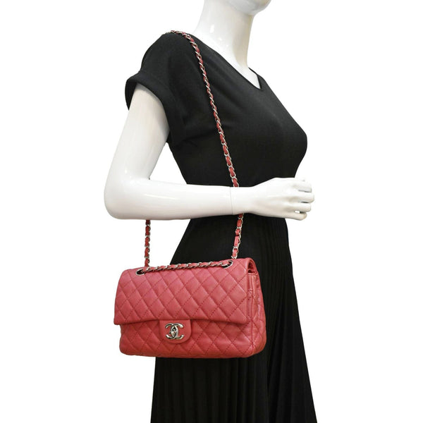 CHANEL Classic Medium Double Flap Quilted Caviar Leather Shoulder Bag Red