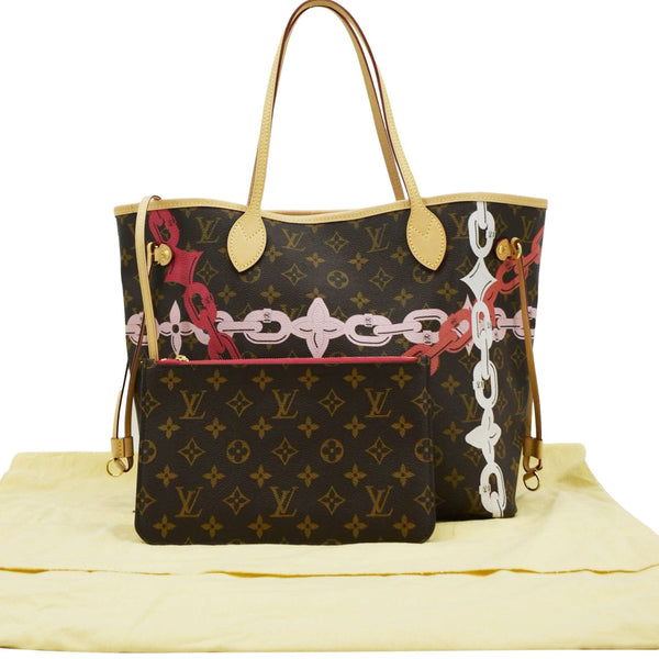 LOUIS VUITTON Neverfull MM Bay Chain Monogram Canvas Tote Bag Fuchsia
