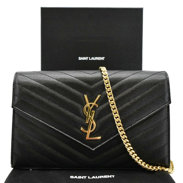 YVES SAINT LAURENT Cassandre Chain Wallet Leather Crossbody Bag Black