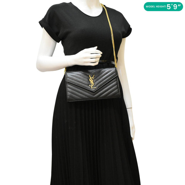 YVES SAINT LAURENT Cassandre Chain Wallet Leather Crossbody Bag Black