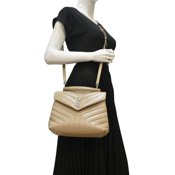 YVES SAINT LAURENT Loulou Top Handle Quilted Leather Shoulder Bag Beige