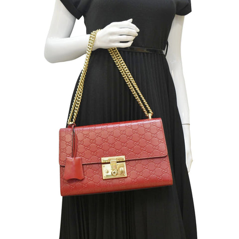 GUCCI Padlock GG Leather Shoulder Bag Red 409486